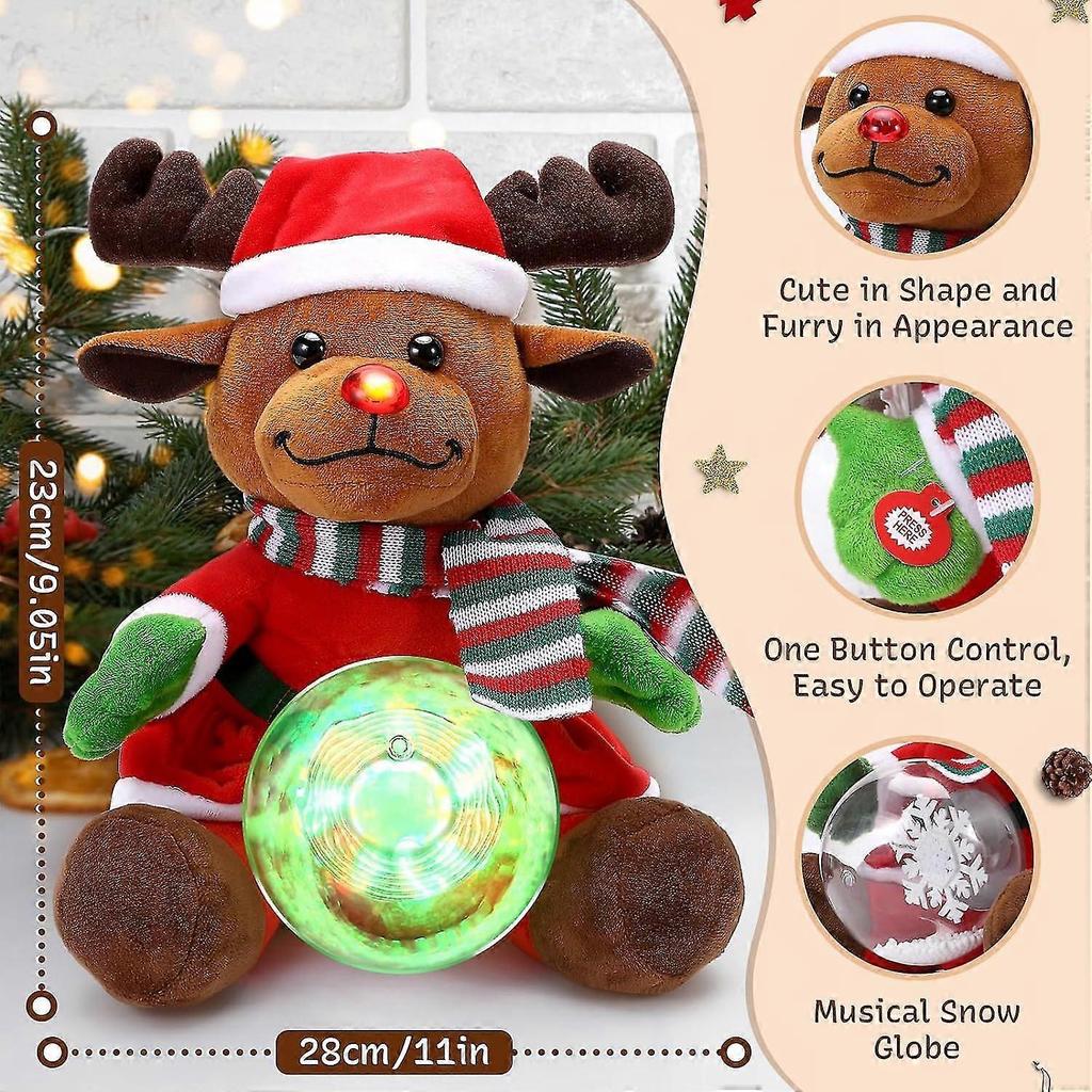 10 inches (about 25.4 cm) Christmas Elk Stuffed Animal Plush Toy with Musical Snow Globe and LED Lights Christmas Ornament Musical Doll Holiday Gift