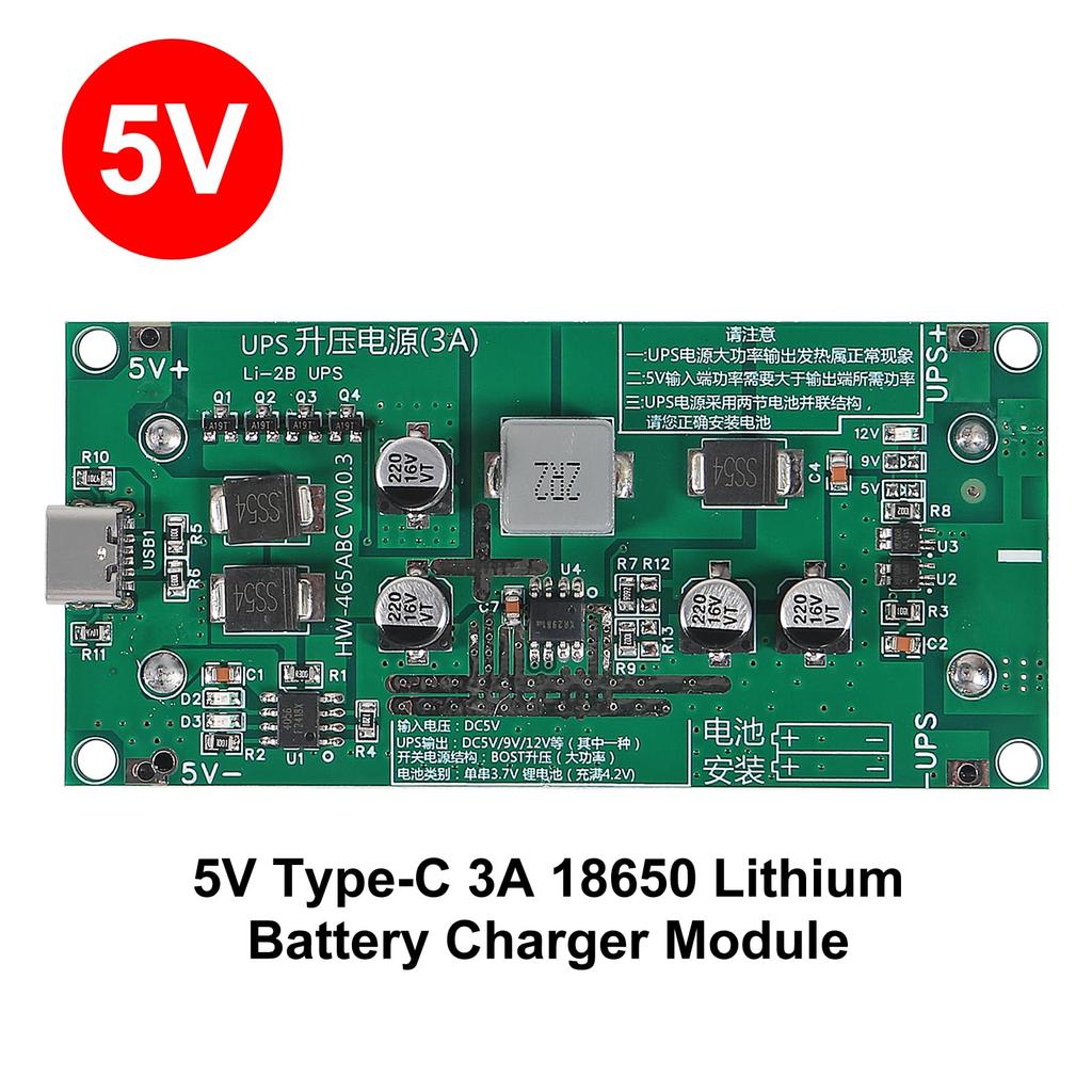 Type-C 15W 3A Fast Charge UPS Power Supply / 18650 Lithium Battery Charger Module DC-DC Step Up Booster Converter 5V 9V 12V