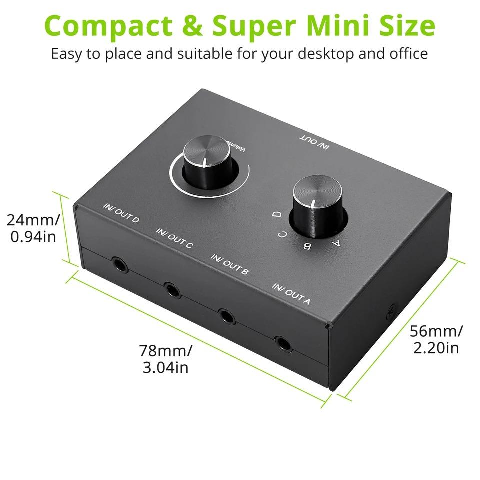 Bi-Directional Audio Switcher 2/4 Way 3.5mm Stereo Audio Switch 2x1/1x2 4x1/1x4 with Mute Button for PC Headphones Speaker