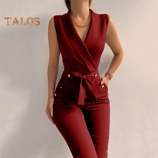 Summer Women Jumpsuit Sleeveless V Neck Slim Fit Button Decor Lace-up Strap Pure Color Wide Leg Formal Business Style Commuting Jumpsuit