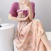 Short-sleeved cotton silk nightgown women's summer square collar improved Hanfu national style cotton silk skirt loungewear can be worn outside 