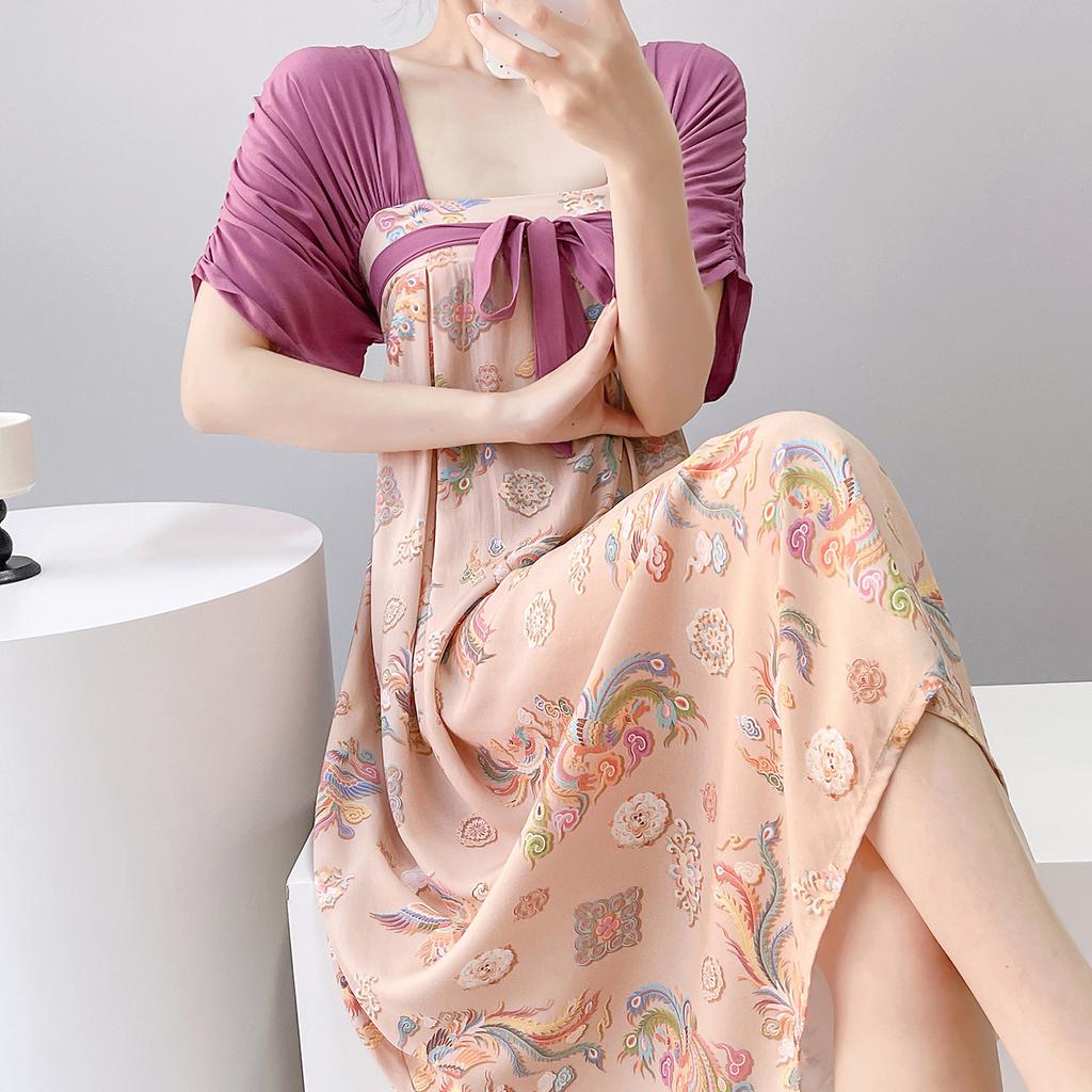 Short-sleeved cotton silk nightgown women's summer square collar improved Hanfu national style cotton silk skirt loungewear can be worn outside