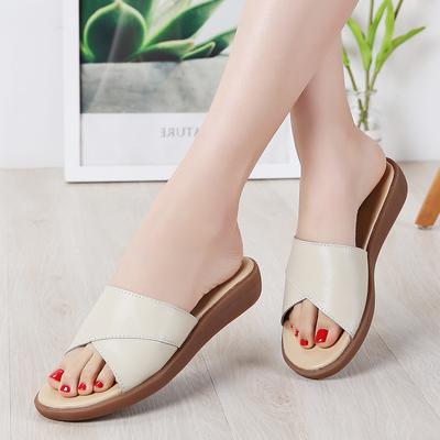 Summer Women Leather Slippers Outdoor Flat Wedge Beach Sandals Fashion Casual Comfort Shoes Non -Slip Ladies Paltform Slides
