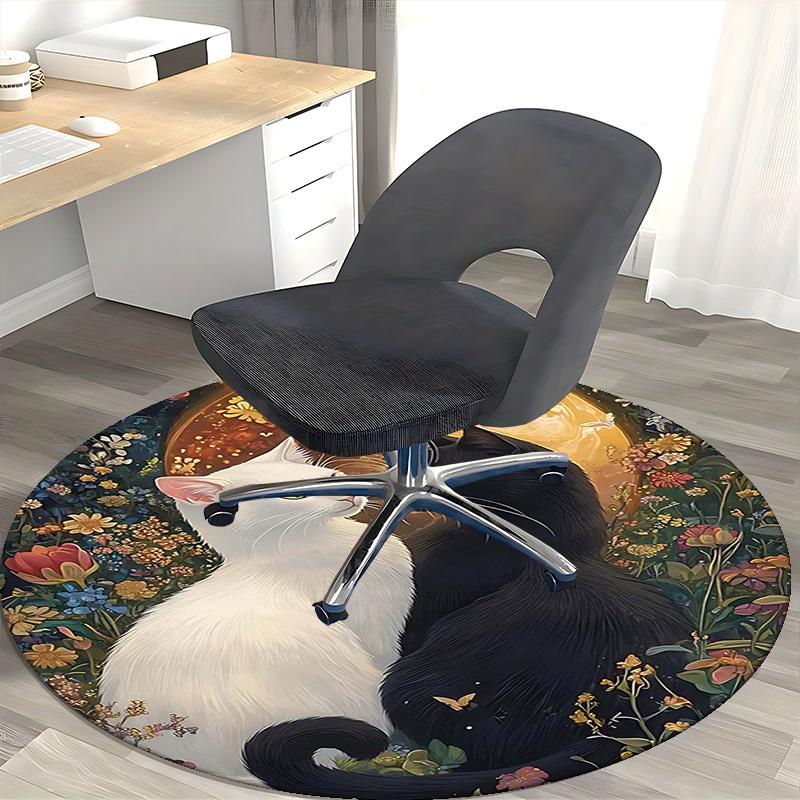 1pc Anime Design Round Carpet Office Chair Mat with Cats and Flowers, Non Slip Rug for Home Decor