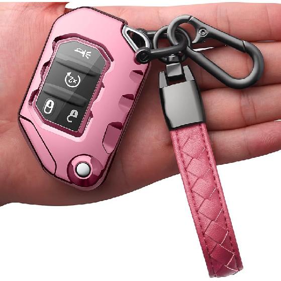 Autophone Compatible With Jeep Key Fob Cover With Leather Keychain Soft TPU Protection Key Case For 2018-2025 Wrangler JL JLU Rubicon Wagoneer