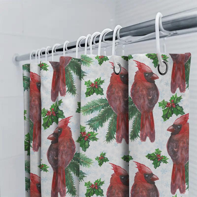 Watercolor Holiday Shower Curtain Featuring Cardinals Holly Christmas Decor For Bathroom Red Floral Design