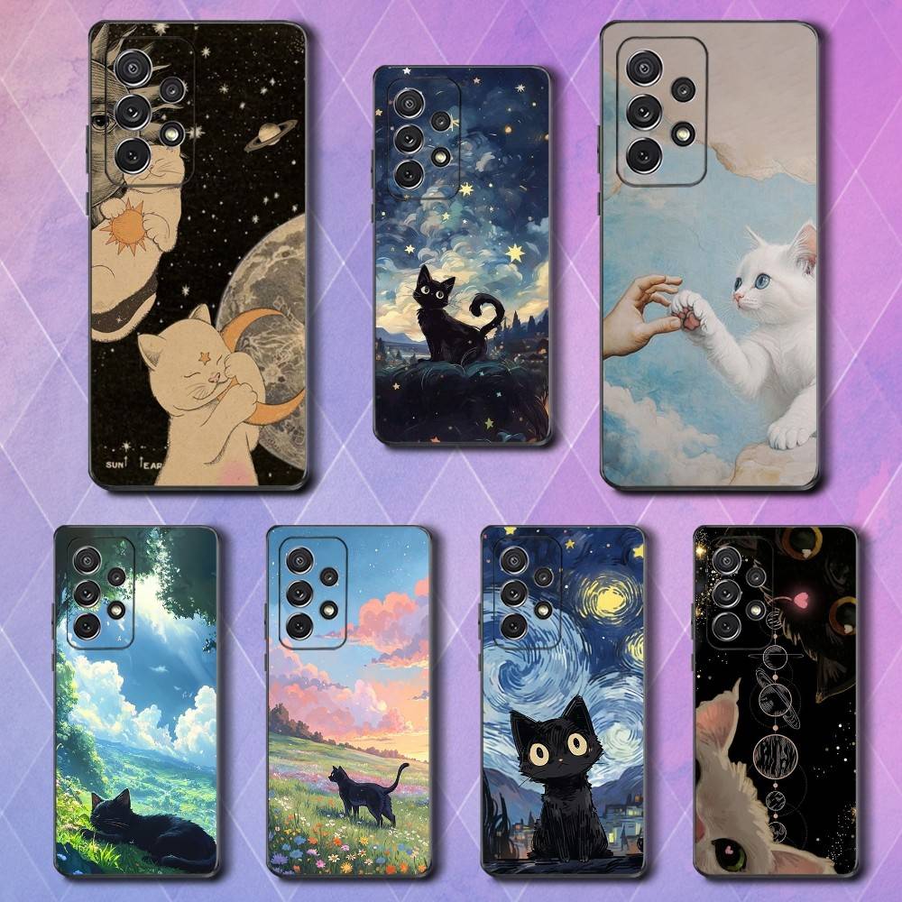Abstract Cute Kitten Phone Case For Samsung S9,S10,S20,S10,S21,S25,S24,S23,Ultra,FE,Plus,Lite,Soft Silicone Black Cover