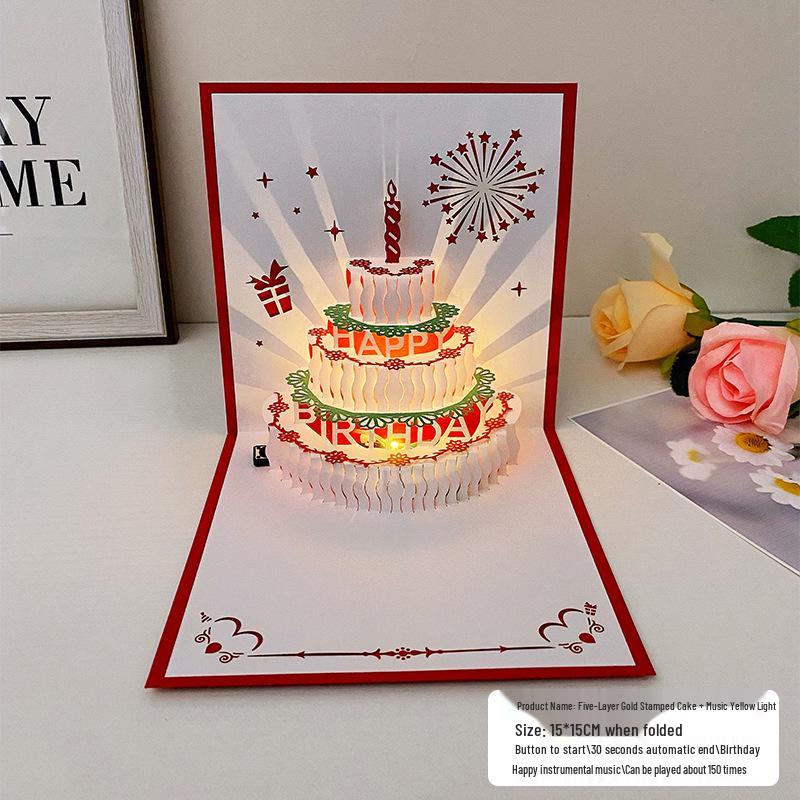Carte pop-up Gâteau d'anniversaire musical 3D avec lumières colorées et enregistrement