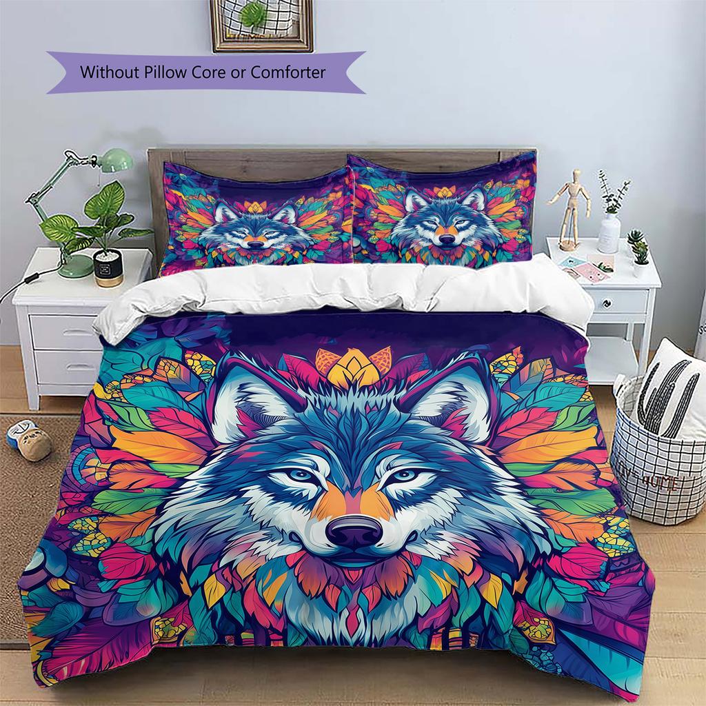 Colorful wolf  Pattern Bedding Quilt Set Quilt Cover Pillowcase Home Decoration  Gift (1 * duvet cover + 2 * pillowcase, without core)