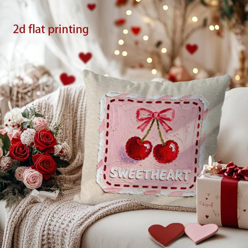 Cherry & Sweetheart: 2D Flat-Printed Decorative Pillow Cover Pattern Cushion Cover Suitable for Sofa Bedroom Car Pillow Cover
