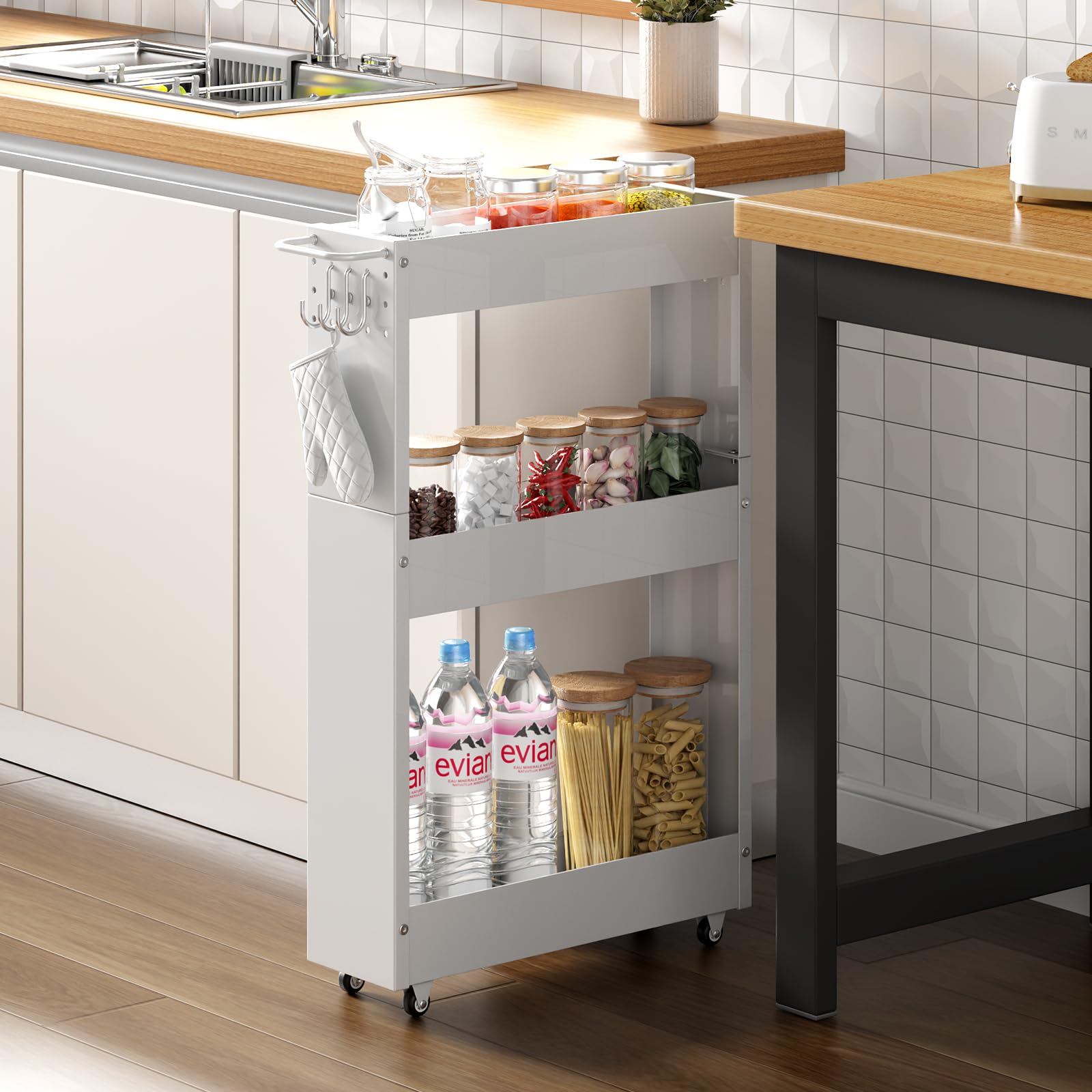 

Kitchen Slim Storage Cart with 3 13cm Slim Suitable for Washing Spice Metal Easy White Cart, Casters, Tiers, Design, Handle, Kitchen, Refrigerator, белый