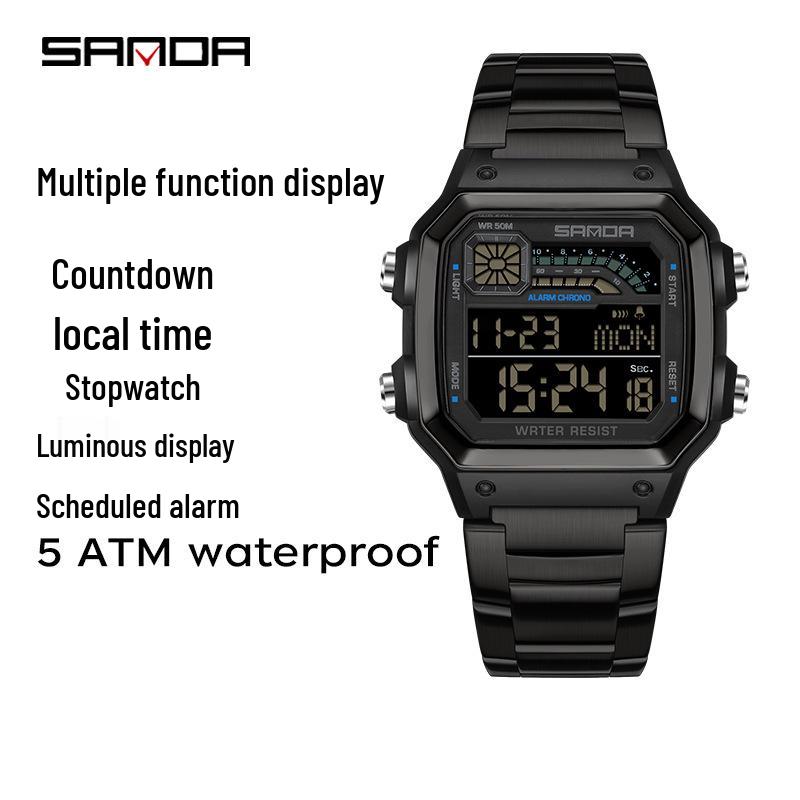 Sanda Men's Outdoor Sports Electronic Watch - Multifunctional, Waterproof, with Countdown and Snooze Feature.