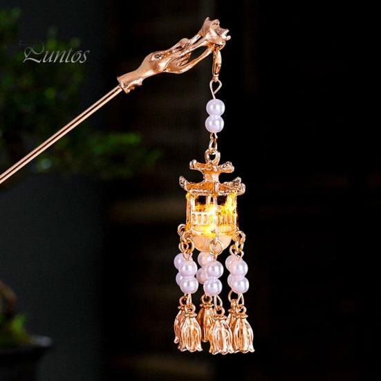 Hair Stick Women Vintage Traditional Chinese Palace Lantern Shape Pendant Faux Pearl Fork Decor Tassel Stainless Exquisite Forks Hanfu Dress Prop Lady