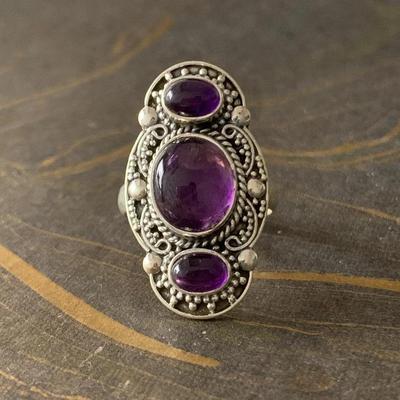 Ametist Değerli Taş Yüzük 925 Ayar Gümüş Katı Mor 3 Taş Bildirimi Moda Yüzükler Kadın Hediye fikri için Değerli Taş Takı 7.5 Gms Yaklaşık