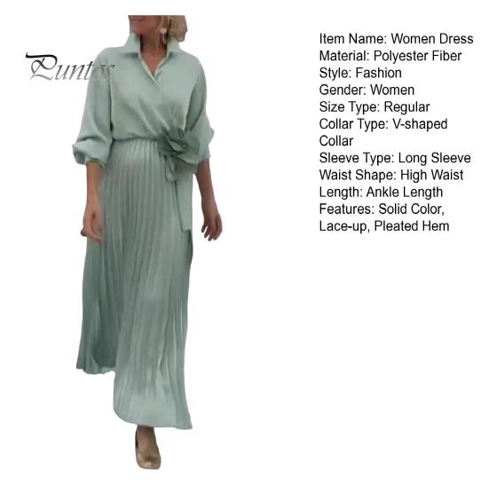 Women Dress Lapel V-Neck Long Sleeve Lace-up High Waist Long Dress Solid Color Pleated Hem Shirt Dress