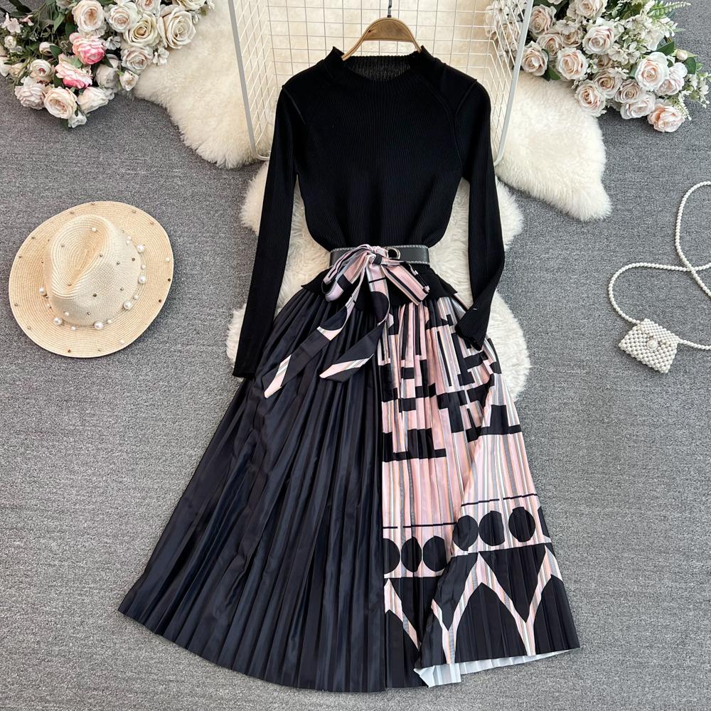 Vintage Elegant  O Neck Print  Pleated Long Sleeve Knit Dress A-line Casual Women Fashion High Waist Summer Spring