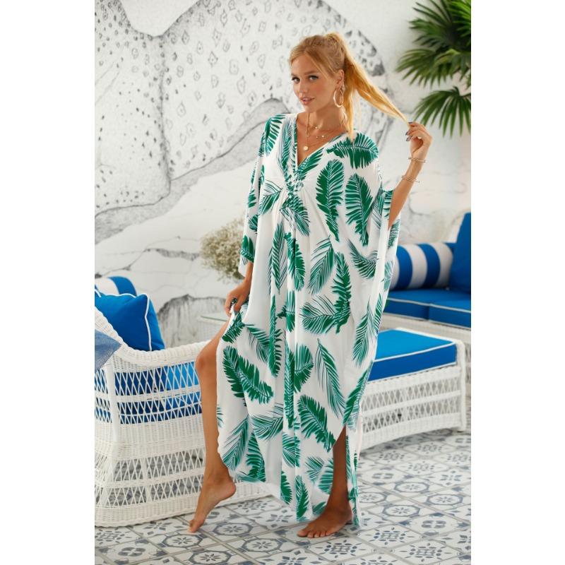 Boho přikrývka větší velikosti, dámský potisk plus malba netopýří rukáv rukáv do V výstřih s děleným lemem Maxi zakrývací šaty