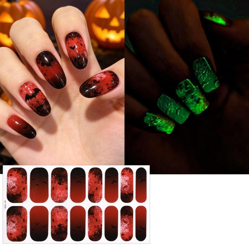Bloodstain Halloween Luminous Nail Sticker Pumpkin 16 Fingers Set Nail Polish Sticker Beauty Care