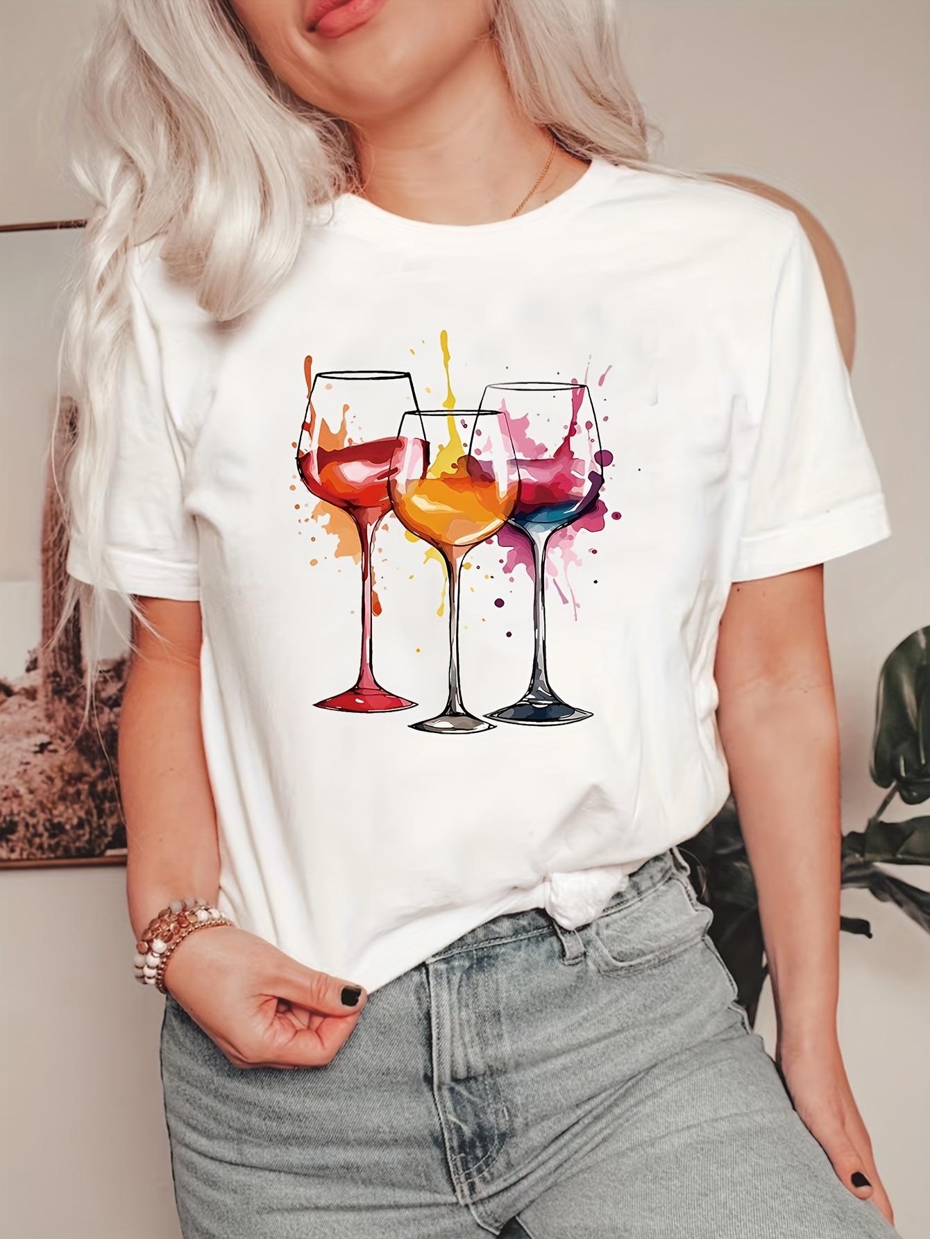 

Футболка с принтом в виде бокала вина, повседневный топ с короткими рукавами и круглым вырезом на весну/лето с рисунком из мультфильмов, женская одежда с распыленной краской XXL