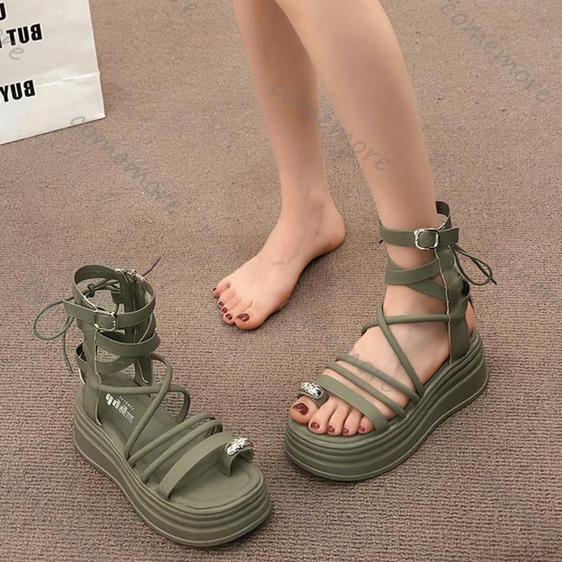 Fashion Comemore New Round Head Set Toe Women's Shoes Thick Soled Roman Sandals Tide Hollow Cold Strap Sports Beach Boots for Women