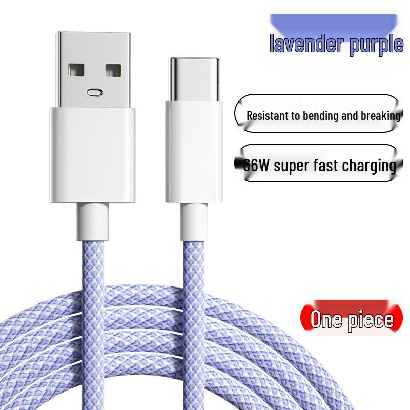 66W Super Fast Charging Braided Type-C Cable, 6A, Compatible with Huawei, Vivo, and Xiaomi Phones Purple Type-C Fast Charge Braided