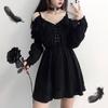 Vestido feminino plus size renda preta primavera outono sexy cintura alta vestidos femininos ombro de fora manga comprida roupas góticas
