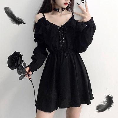 Abito da donna Plus Size Lace Up Nero Primavera Autunno Abiti sexy a vita alta Femme Abiti gotici a maniche lunghe con spalle scoperte