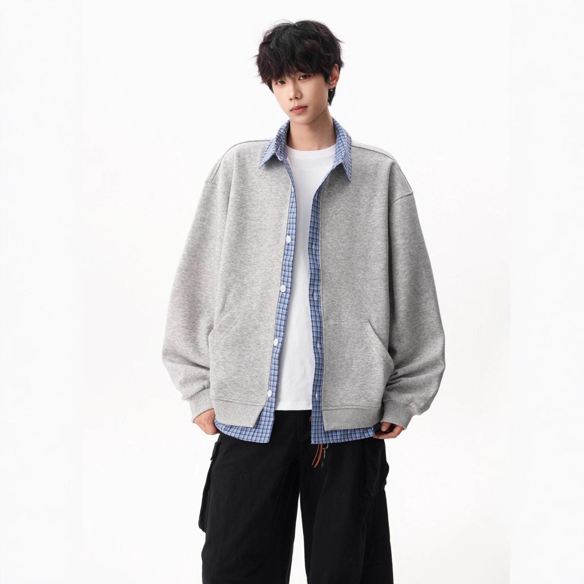 

Мужской осенний кардиган, куртка-свитер в клетку из двух частей, в американском стиле, свободного кроя, в стиле колледжа XXXL серый