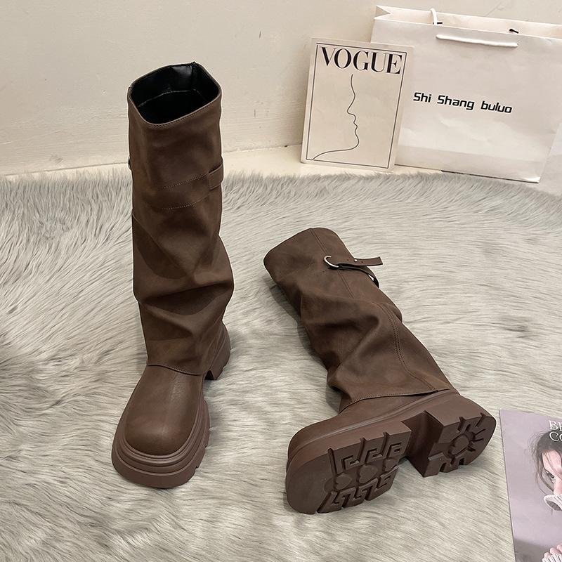 

Fried Street Boots Retro Versatile Maillard 2025 Autumn and Winter New Handsome Fashion Temperament Thick-soled Pants Boots Women 40 коричневый