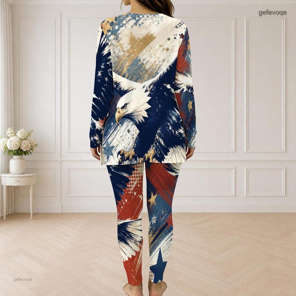 Women Plus Size Two Piece Pants Set Half Zip Long Sleeve Blue Star Printed Longline Top Fitted Pants