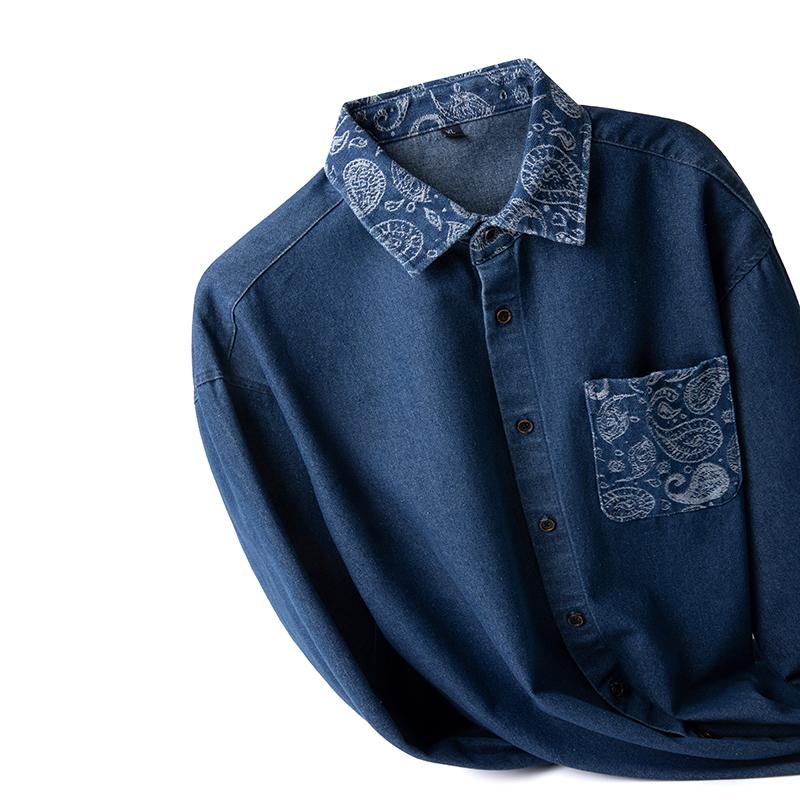 Denim Shirt for Man Long Sleeve Paisley Floral Patchwork Loose Camisas Streetwear Vintage Mens Hip Hop Cowboy Jean Shirts