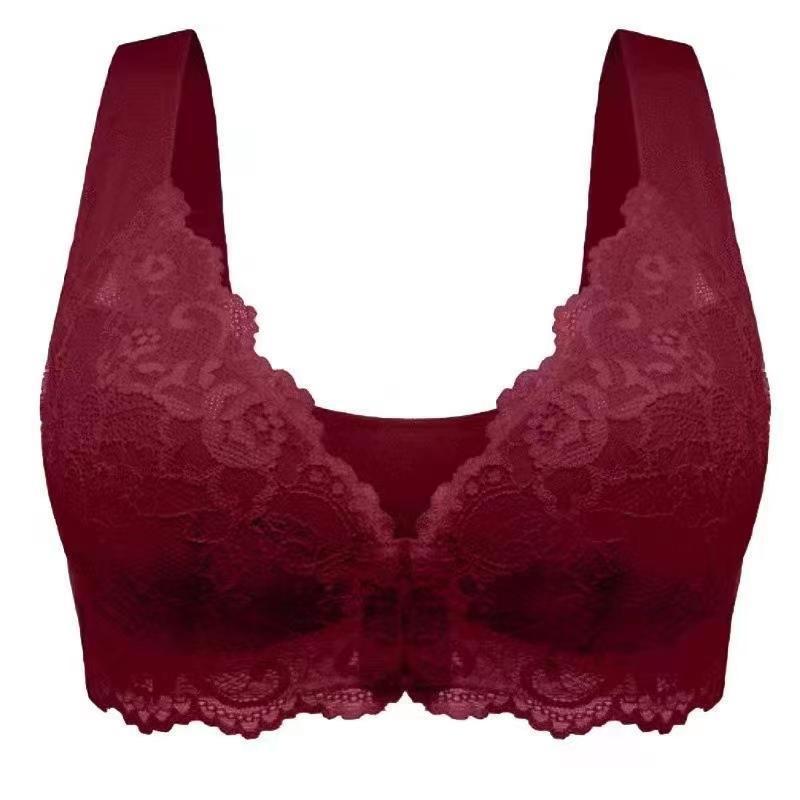 Simple Solid Contrast Lace Front Buckle Bra, Comfy & Breathable Wireless Push Up Bra, Women's Lingerie & Underwear