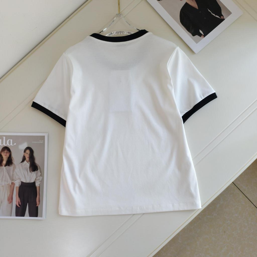 New Season Embroidered Letter Color Block Round Neck T-Shirt