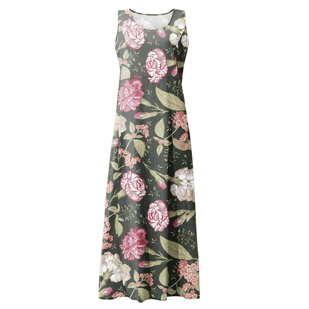 Women's Summer Casual Fashion Retro Printed Sleeveless Round Neck Pocket Dress