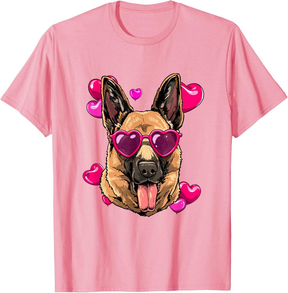 German Shepherd Valentine Heart Glasses Dog Lover Graphic Tee Soft Breathable Short Sleeve T-Shirt