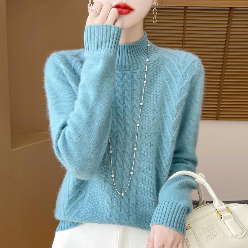 2024 Women's Thick Wool Cable Knit Half-High Neck Pullover Sweater for Autumn and Winter.