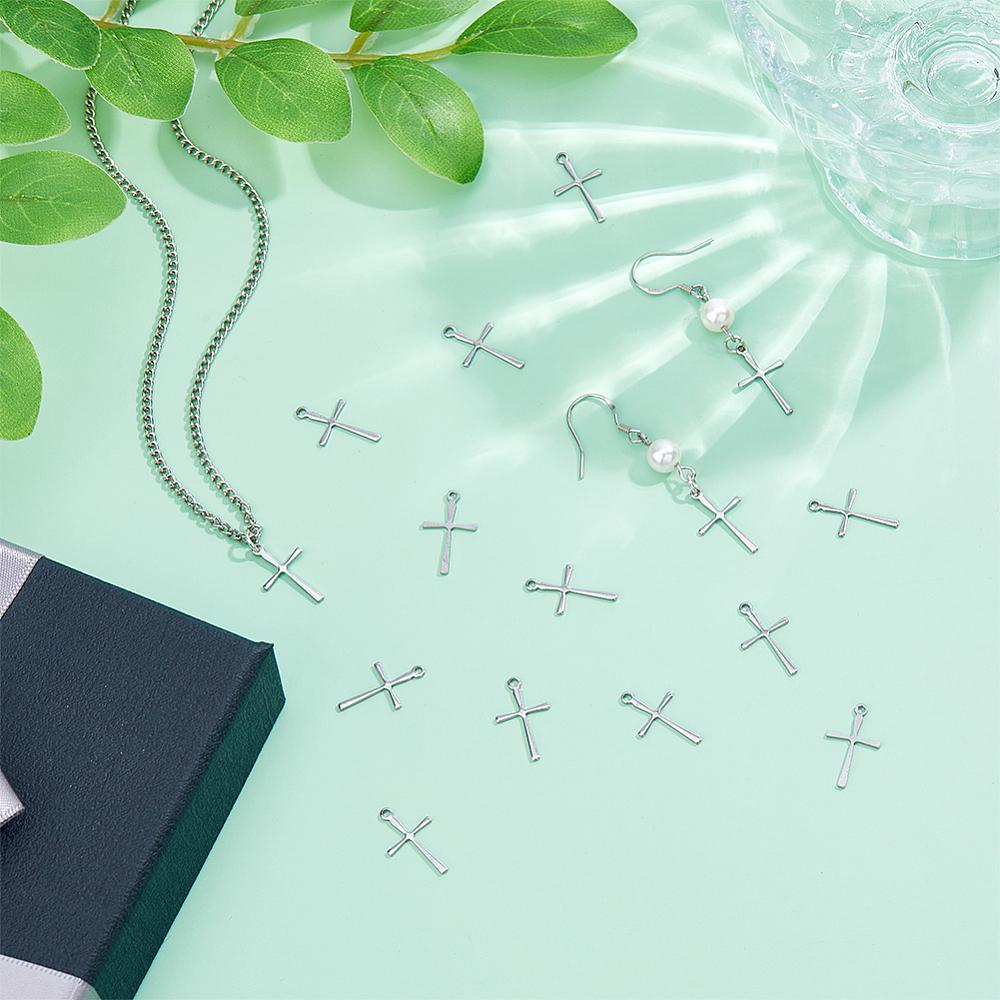 100Pcs 304 Stainless Steel Pendants Cross Stainless Steel Color 16x9.5x0.8mm Hole: 1mm