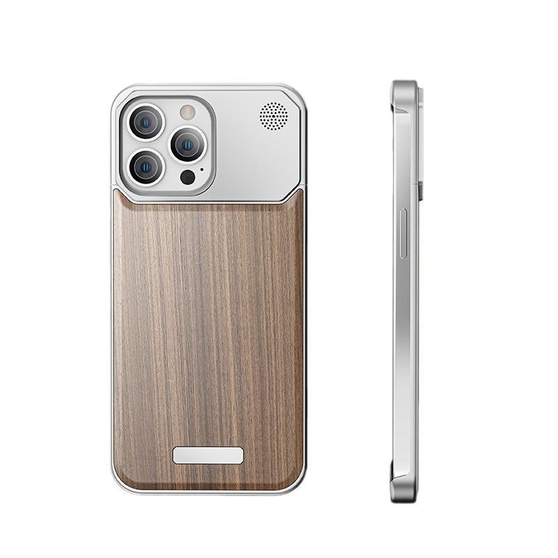 Walnut Wood IPhone 15 Pro Max Case With Magnetic Snap-on Metal Shell Shockproof Hard Cover 14