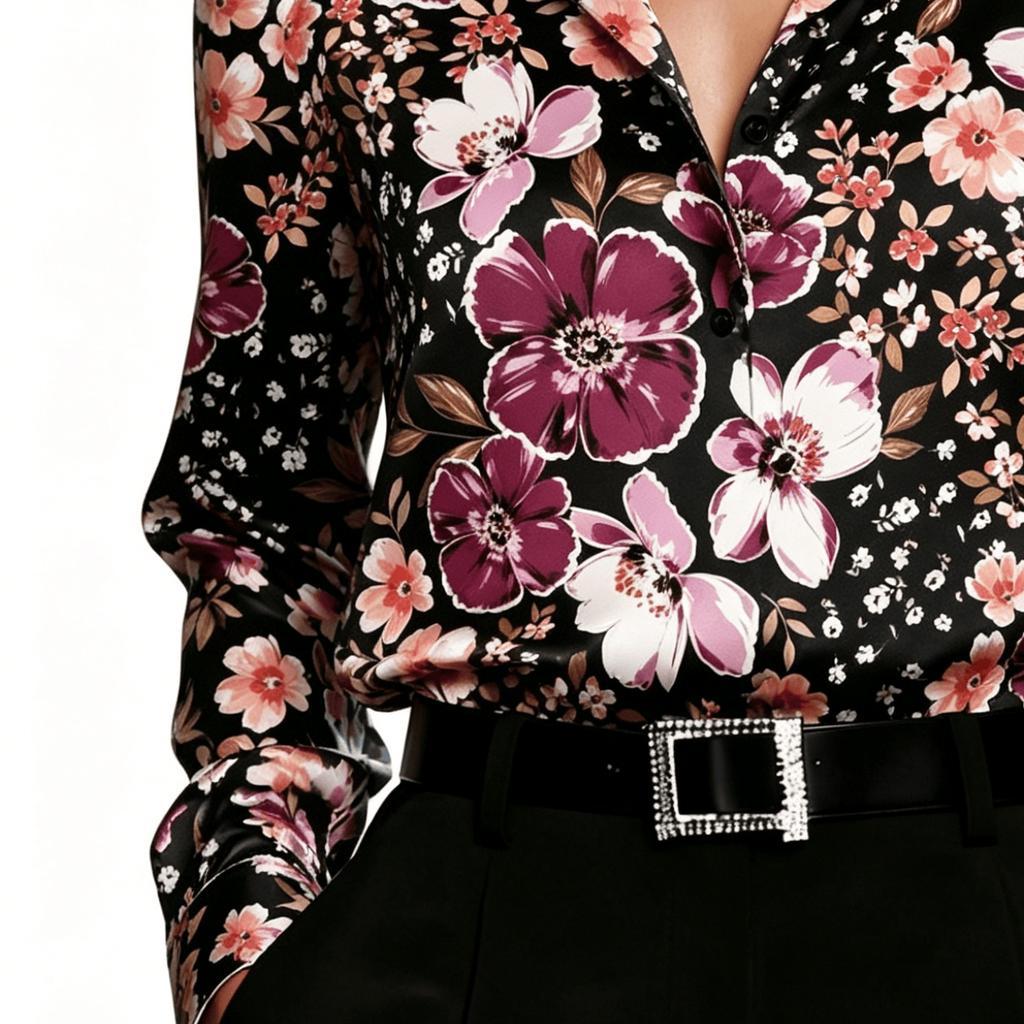A lady's elegant floral-patterned blouse, suitable for daily wear, as well as for dates and vacations.