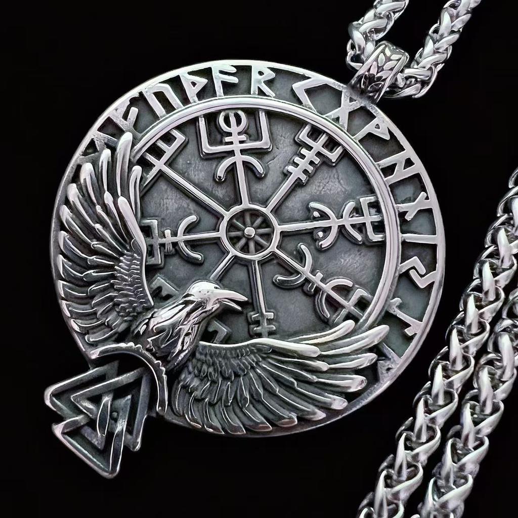 316L Stainless Steel Viking Rune Odin Crow Pendant Necklace For Men Nordic Vintage Jewelry Accessories