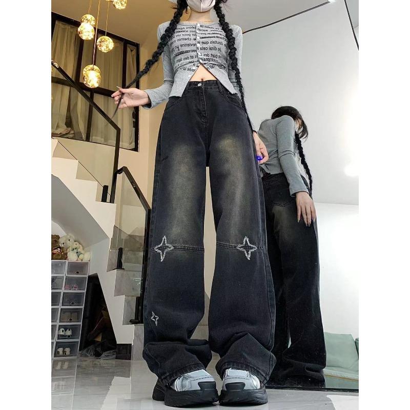 American High Street Vintage Star Embroidered Jeans Women's Autumn High Waist Loose Slim Straight Leg Wide Leg Pants Ins Tide