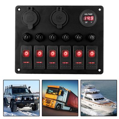 6 Gang Rocker Switch Panel Car Marine Boat Circuit LED Breaker Dual USB Ports DC 12V/24V Digital Voltmeter Waterproof