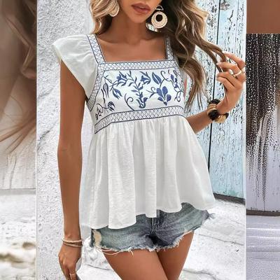 Camisa de verão feminina, bordado, gravata, gola quadrada, manga curta, babado, top
