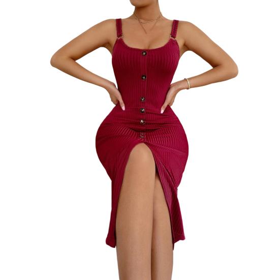 

Женское макси-платье в рубчик без рукавов, летнее, облегающее, на пуговицах, длинное платье-майка, сексуальное, облегающее, с высоким разрезом, офисное платье XL красный