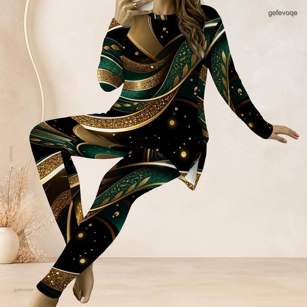 Women Plus Size Round Neck Long Sleeve Printed Dark Green Two Piece Set Longline Top And Fitted Pants