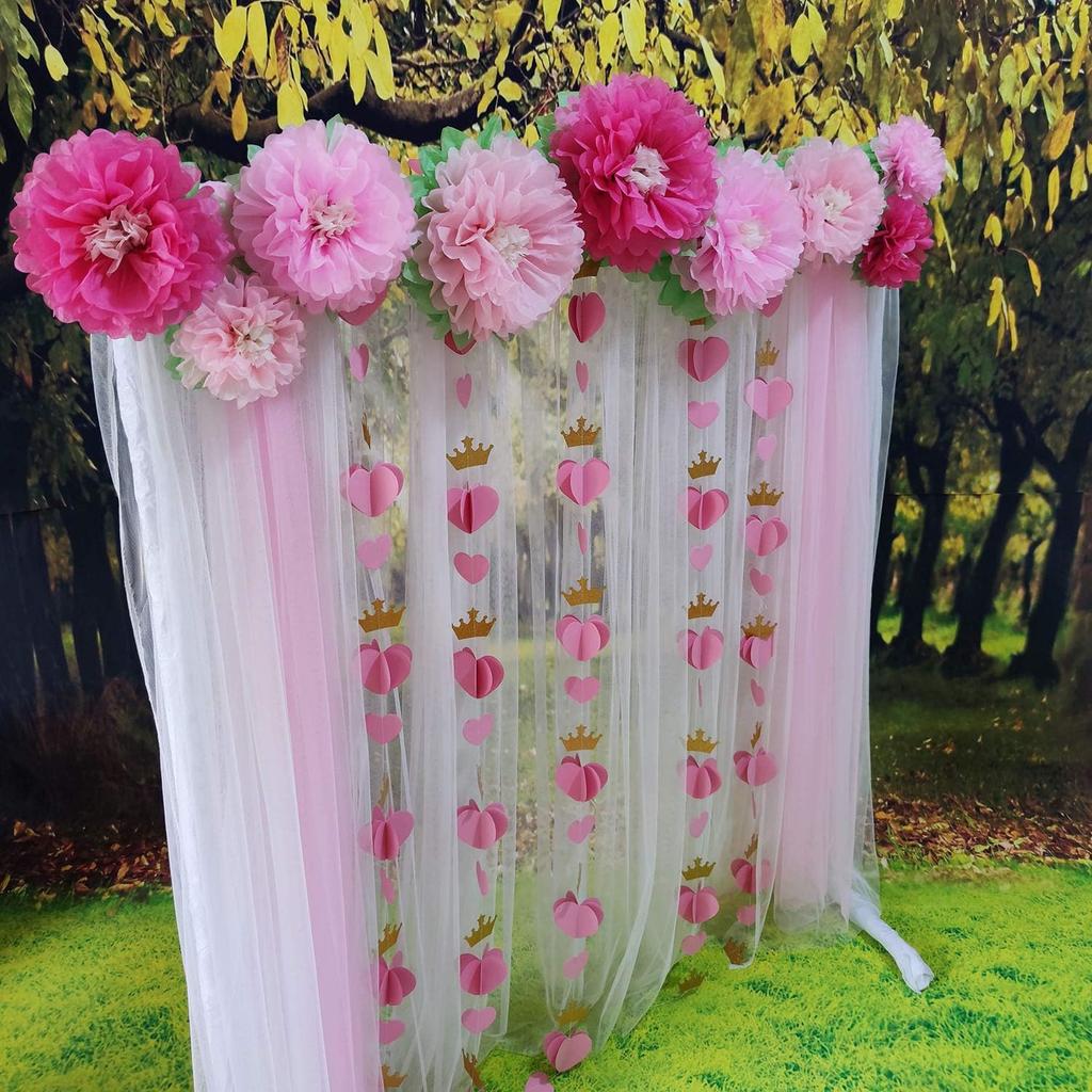 Gold Pink 3D Paper Heart Crown Garland Girl Princess Birthday Party Nursery Room Decor Balloon Tail Pack of 5