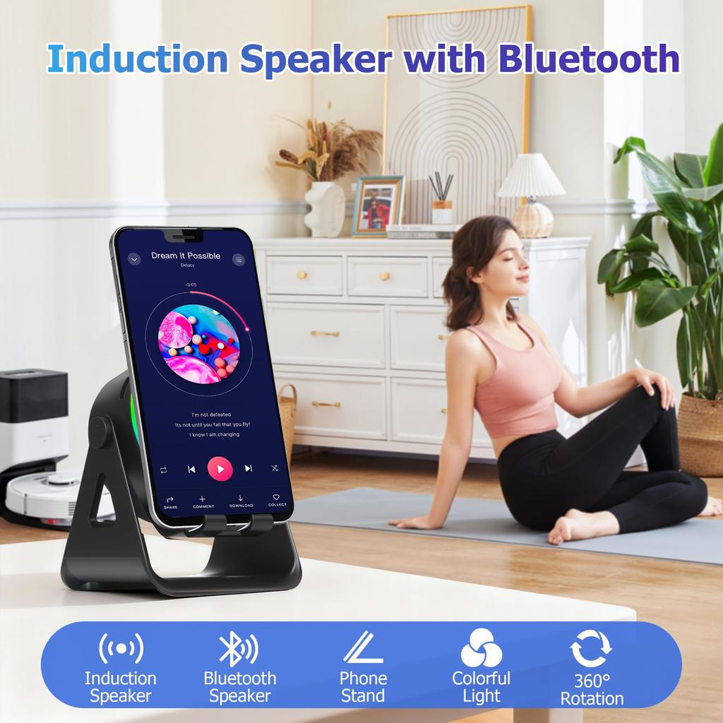 Wireless Induction Bluetooth Speaker, 4-in-1 with 360° Rotating Phone Holder and RGB Ambient Light, High-Definition Surround Sound