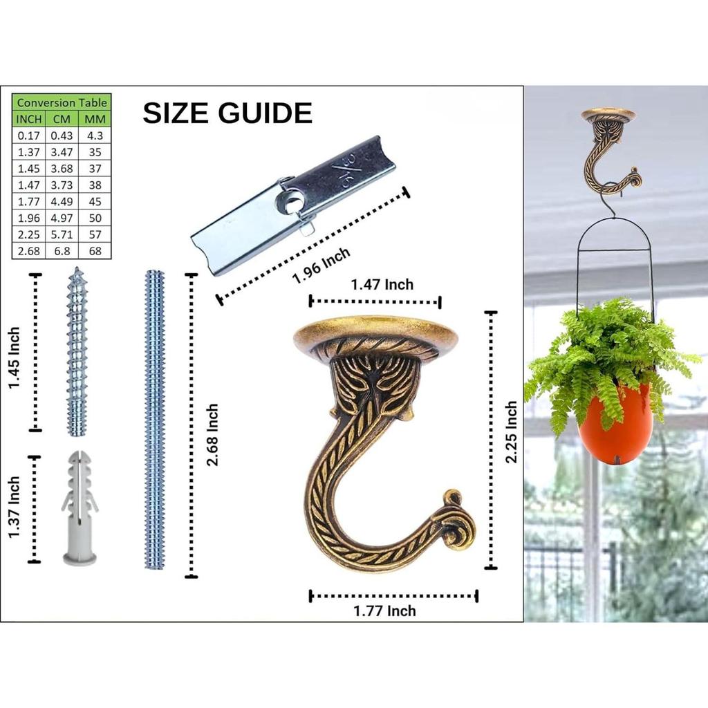 Βαρέως Τύπου Αντικέ Ορειχάλκινοι Γάντζοι Οροφής για Κρεμαστά Φυτά, Καρυδάντια, Φανάρια, Φωτάκια Σειράς,  (Σετ 2, Διακοσμητικές Μεταλλικές Βάσεις Τοίχου/Οροφής)