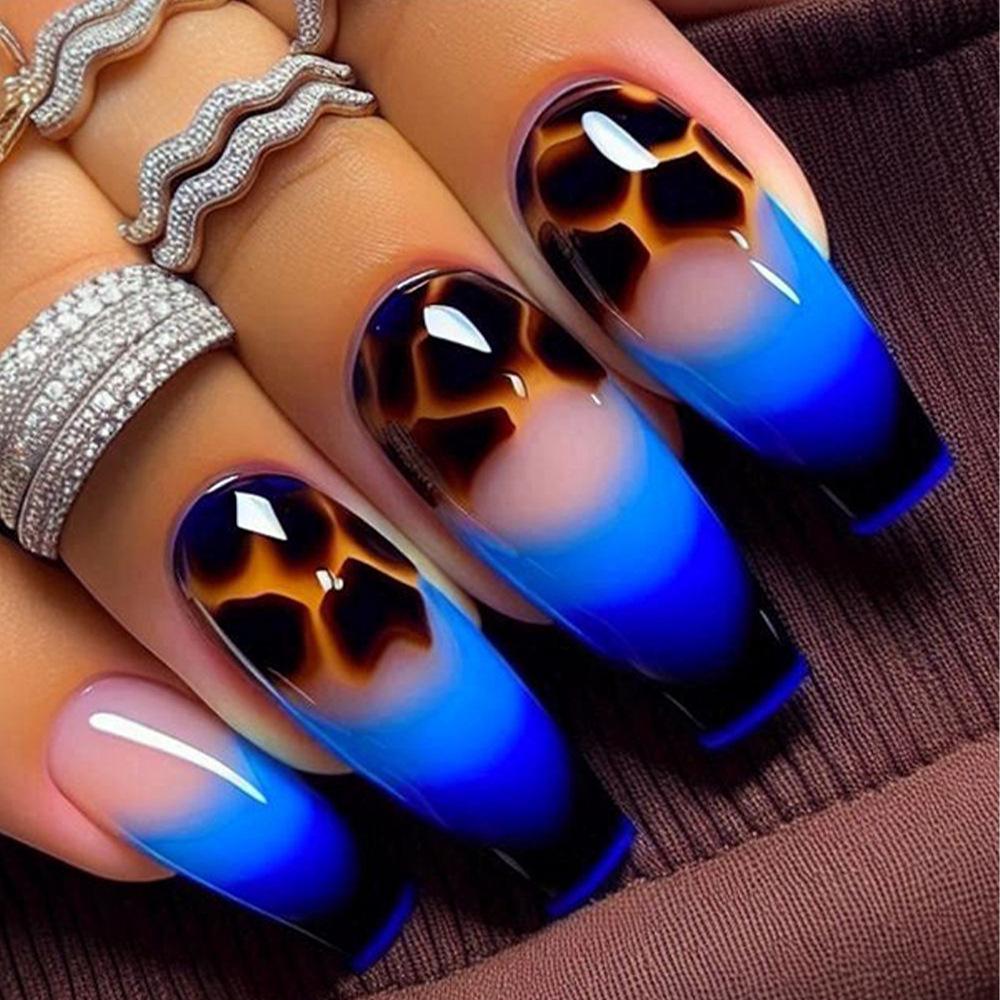 French Tortoiseshell Leopard Print Gradient Blue Black Trapezoid Manicure Stickers - 24 Wearable Nails