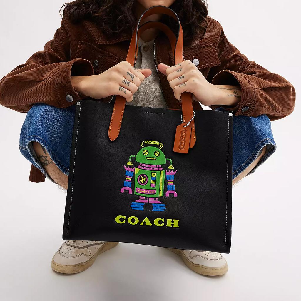 Coach Kosmischer 34 Cartoon-Roboter-Musterdruck Kieselstein-Textur Magnetischer Schnappverschluss Leinwand mit Leder Tragetasche Einkaufstasche Schulterhandtasche Groß CN602-BLC